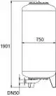 Ein vertikales Druckausdehnungsgefäß von IMI Hydronic Engineering, zylindrische Form mit spezifischen Anschlüssen, Abmessungen in der technischen Zeichnung dargestellt.